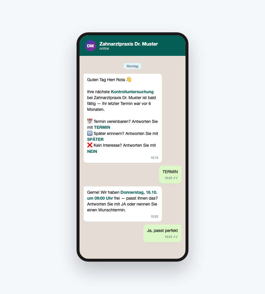 Beispiel WhatsApp-Recall-Anfrage für die Kontrolluntersuchung